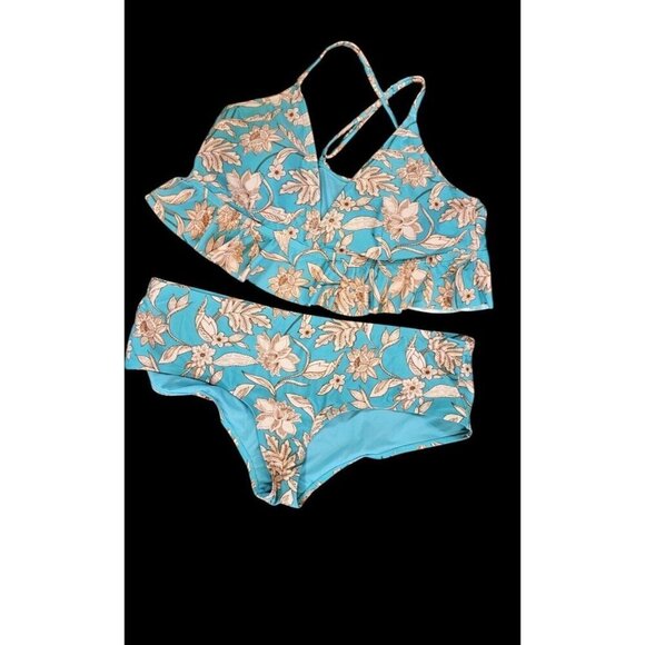 TIME & TRU 2 pc Bikini Aqua/Teal FLORAL Ruffle Top Adj Straps Flattering size 3x - Picture 3 of 6